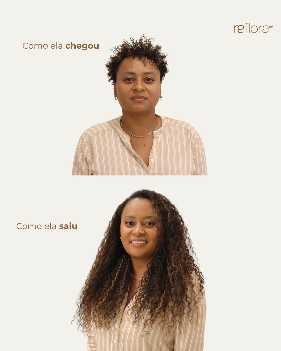 Antes e depois de mega hair no Estúdio Reflora