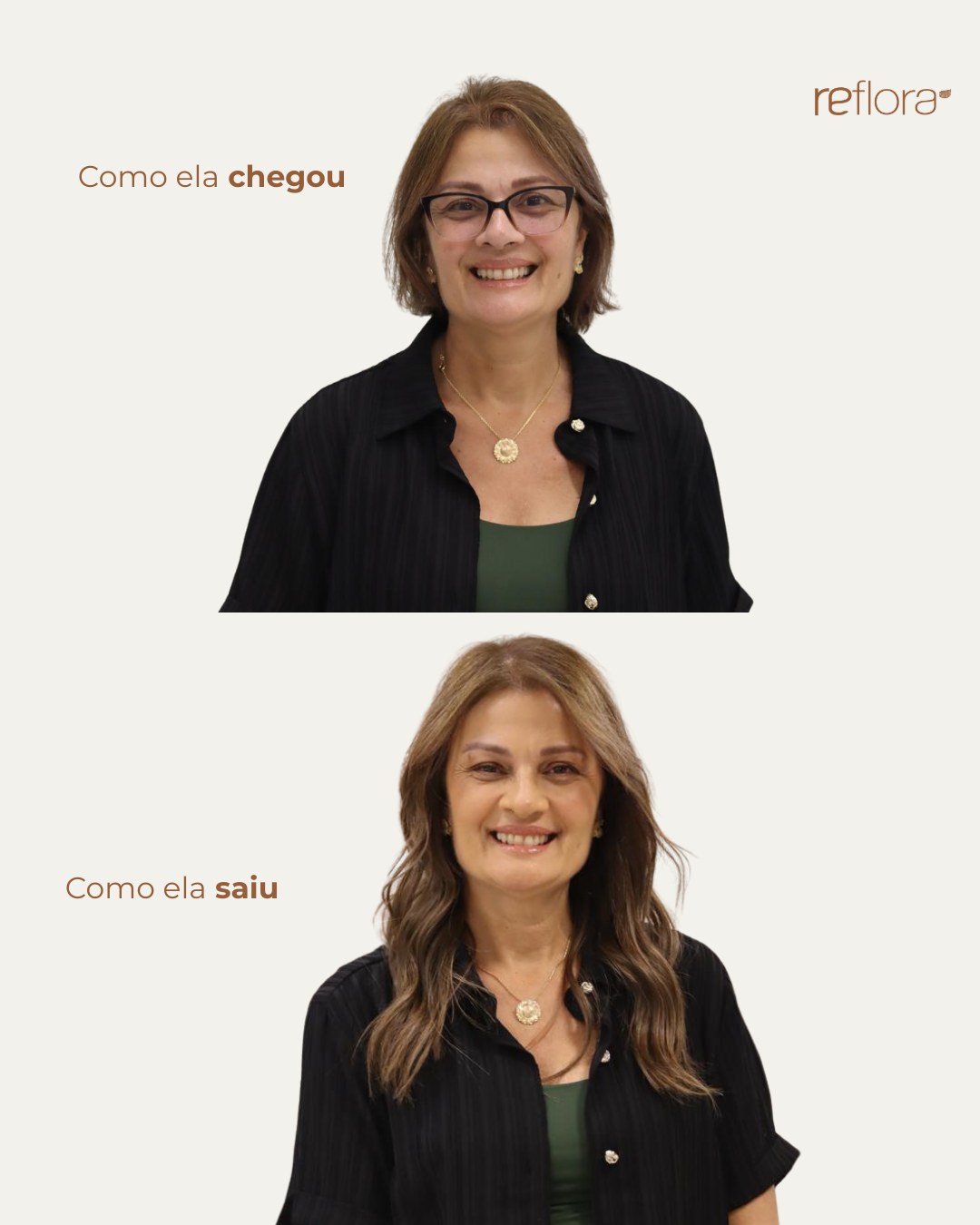 Antes e depois de mega hair no Estúdio Reflora