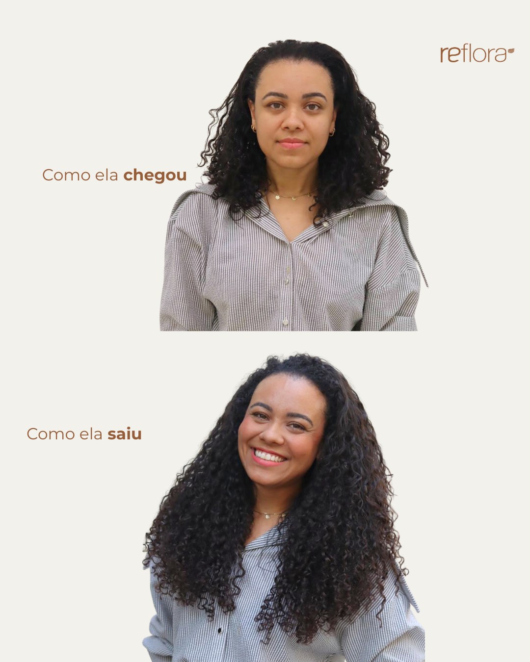 Antes e depois de mega hair no Estúdio Reflora