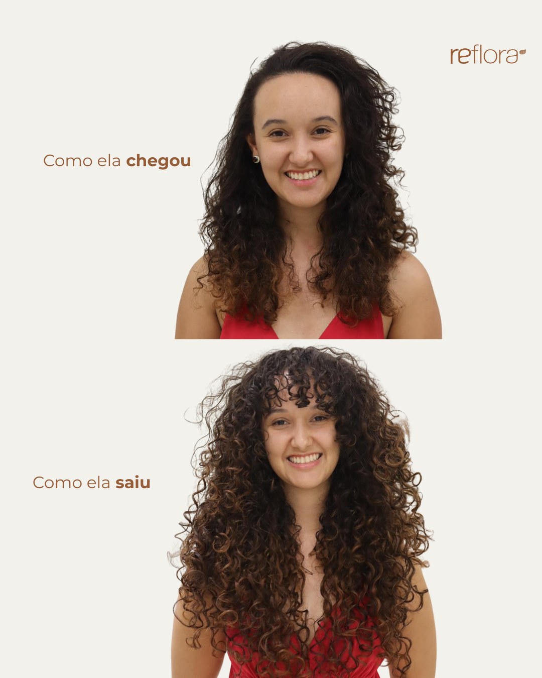 Antes e depois de mega hair no Estúdio Reflora