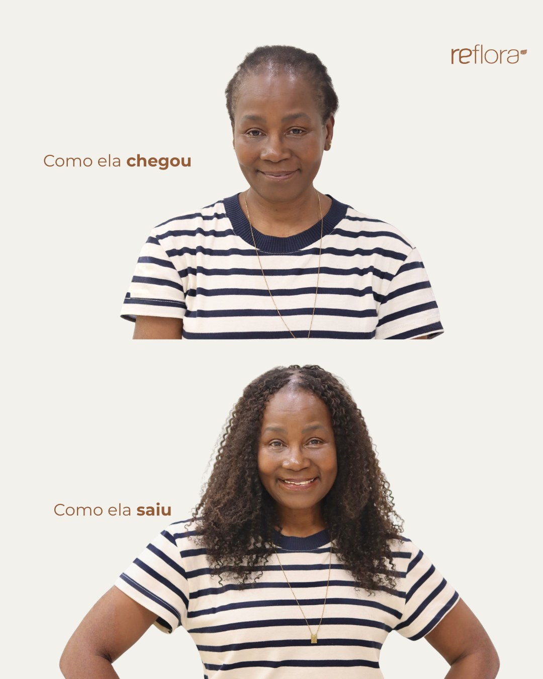 Antes e depois de mega hair no Estúdio Reflora