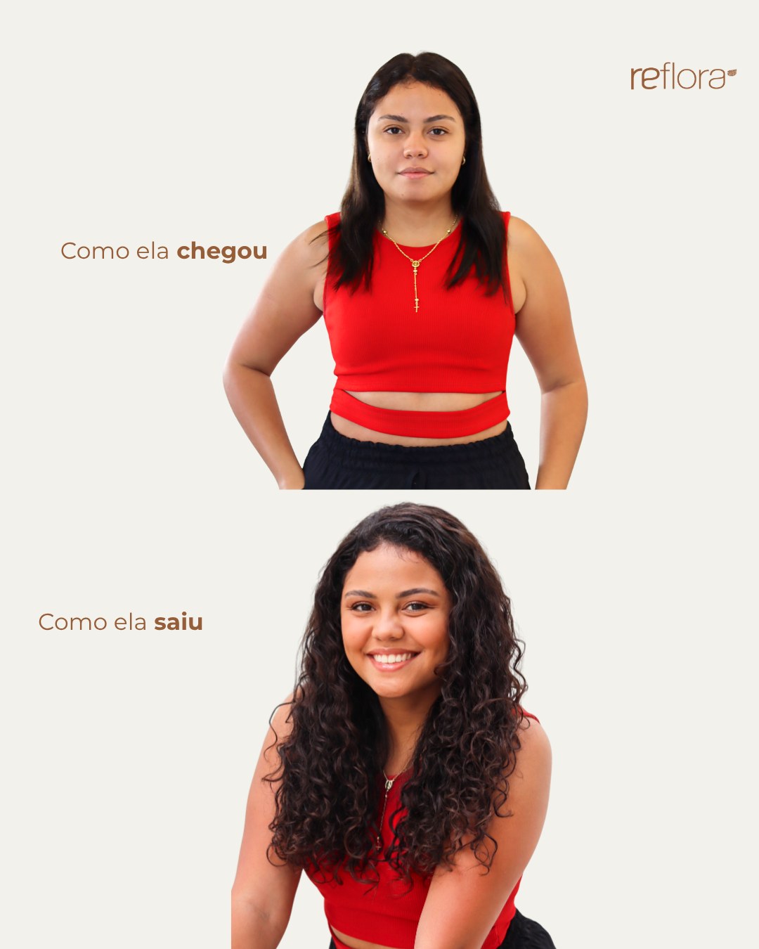 Antes e depois de mega hair no Estúdio Reflora