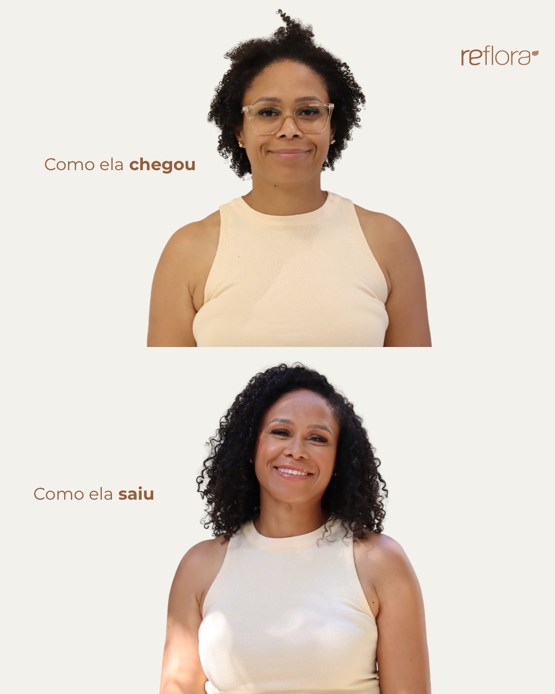 Antes e depois de mega hair no Estúdio Reflora