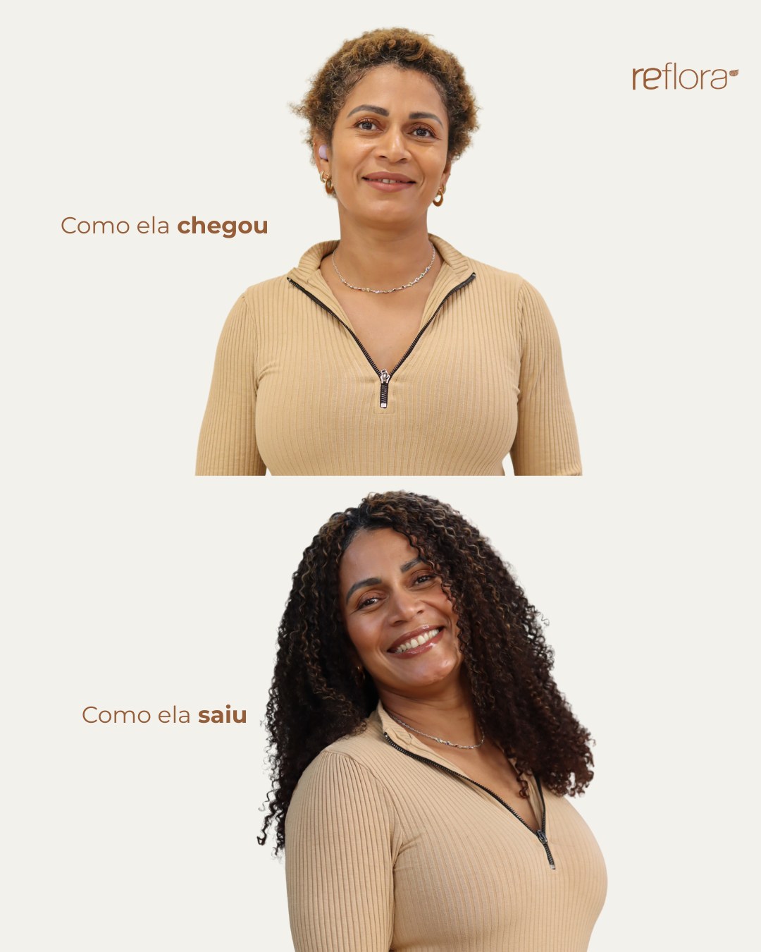 Antes e depois de mega hair no Estúdio Reflora