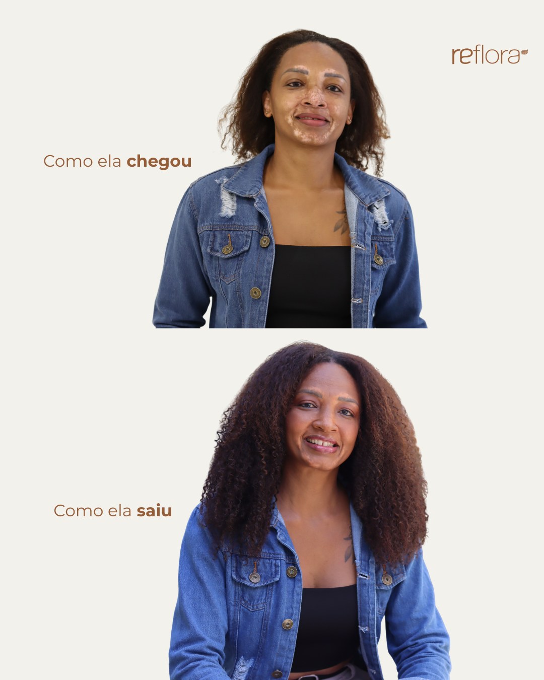 Antes e depois de mega hair no Estúdio Reflora